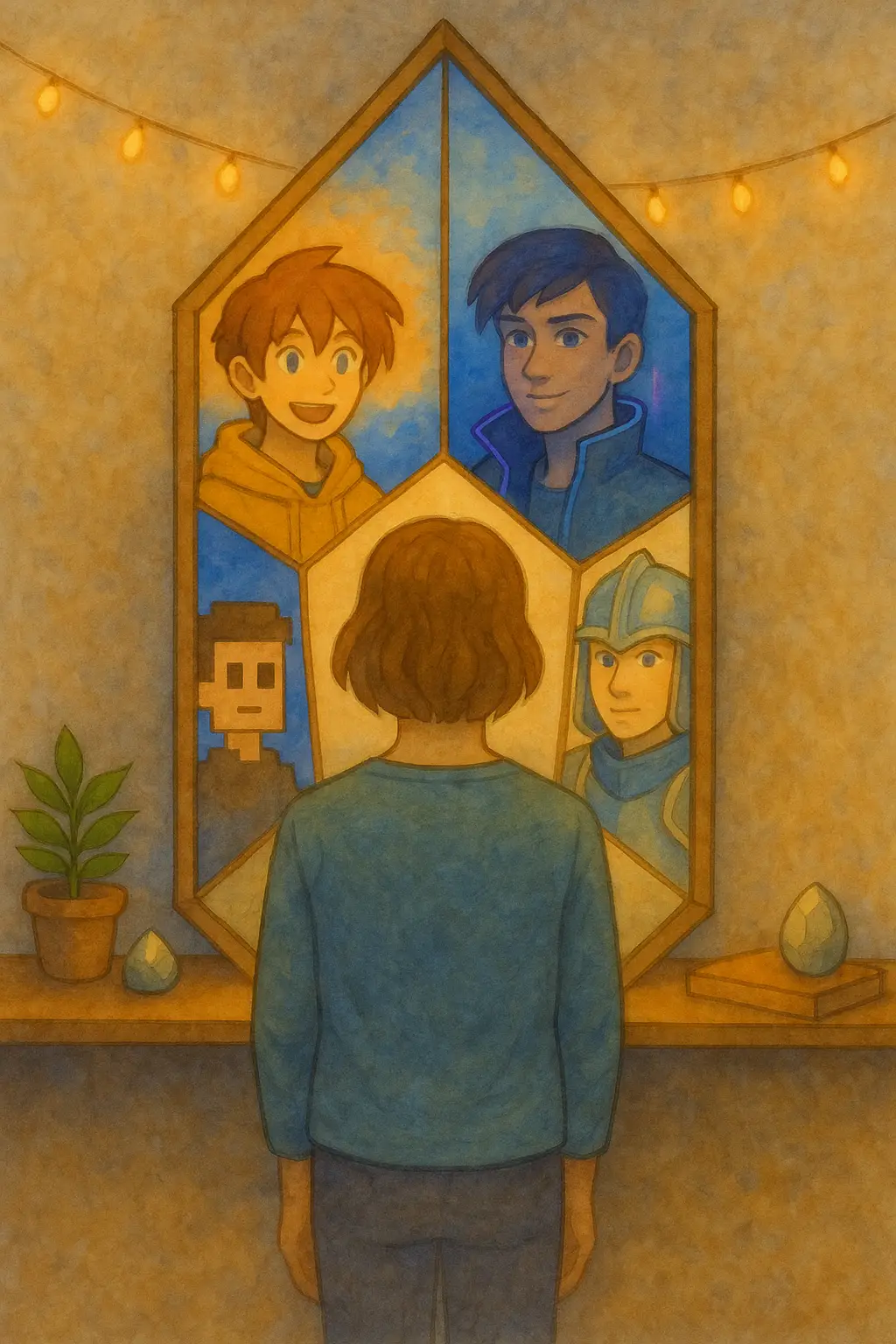 Geek Therapy Watercolor-style illustration of a person standing in front of a tall, gem-shaped mirror divided into facets, each reflecting a different persona of the individual—including an anime-style character, a cyberpunk figure, a pixelated avatar, and a medieval knight—symbolizing self-exploration, identity diversity, and transformation.