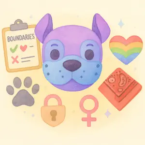 Specializations Watercolor-style illustration symbolizing kink and sex-positive therapy. Features a purple puppy hood mask at the center, a “Boundaries” checklist clipboard, a rainbow heart, a paw print, a lock, a Venus symbol, and a paisley patterned hankey — representing consent, communication, identity play, and affirming care for diverse sexual expressions.