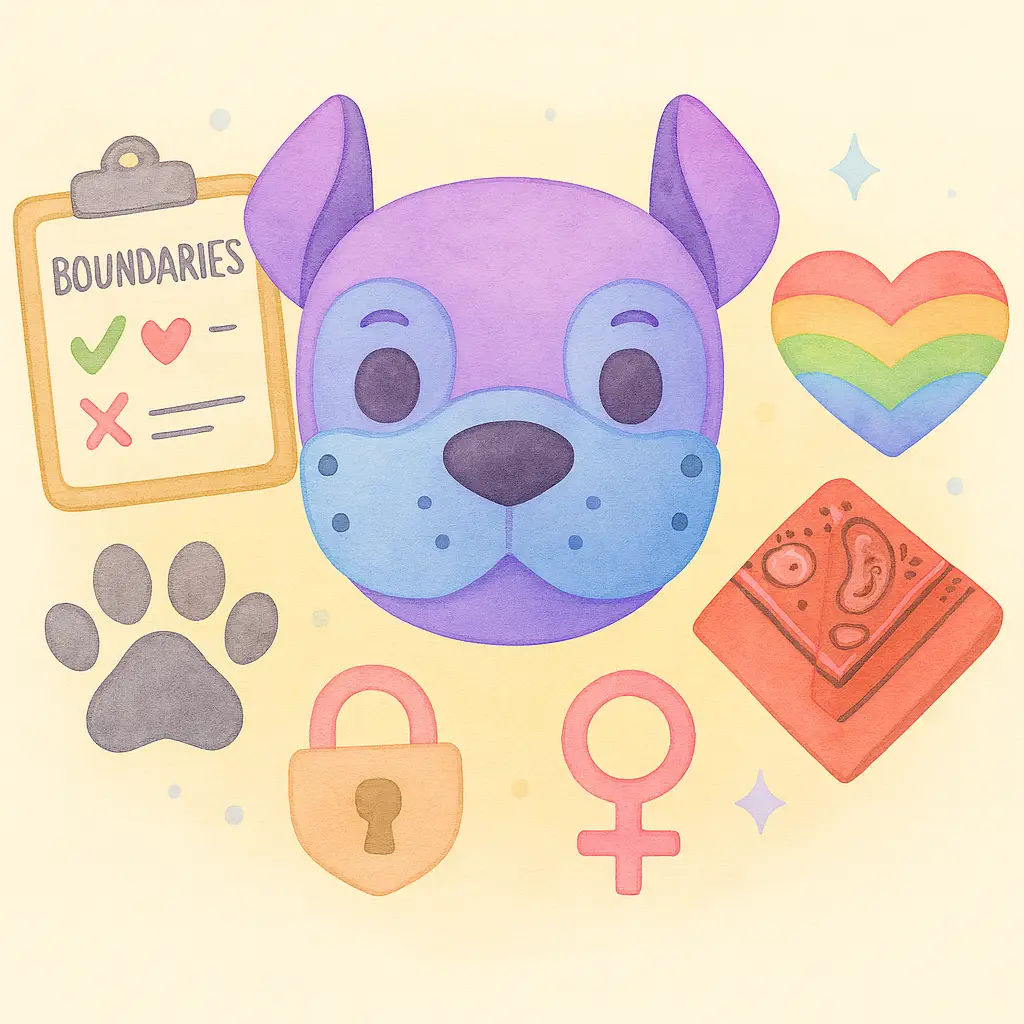 Watercolor-style illustration symbolizing kink and sex-positive therapy. Features a purple puppy hood mask at the center, a “Boundaries” checklist clipboard, a rainbow heart, a paw print, a lock, a Venus symbol, and a paisley patterned hankey — representing consent, communication, identity play, and affirming care for diverse sexual expressions.
