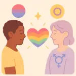 Illustration of two smiling people facing each other with a rainbow heart between them. One person wears a shirt with the transgender symbol, and LGBTQ+ pride symbols for bisexual and intersex identities appear above. The art promotes gender-affirming, inclusive, and LGBTQIA+ therapy.