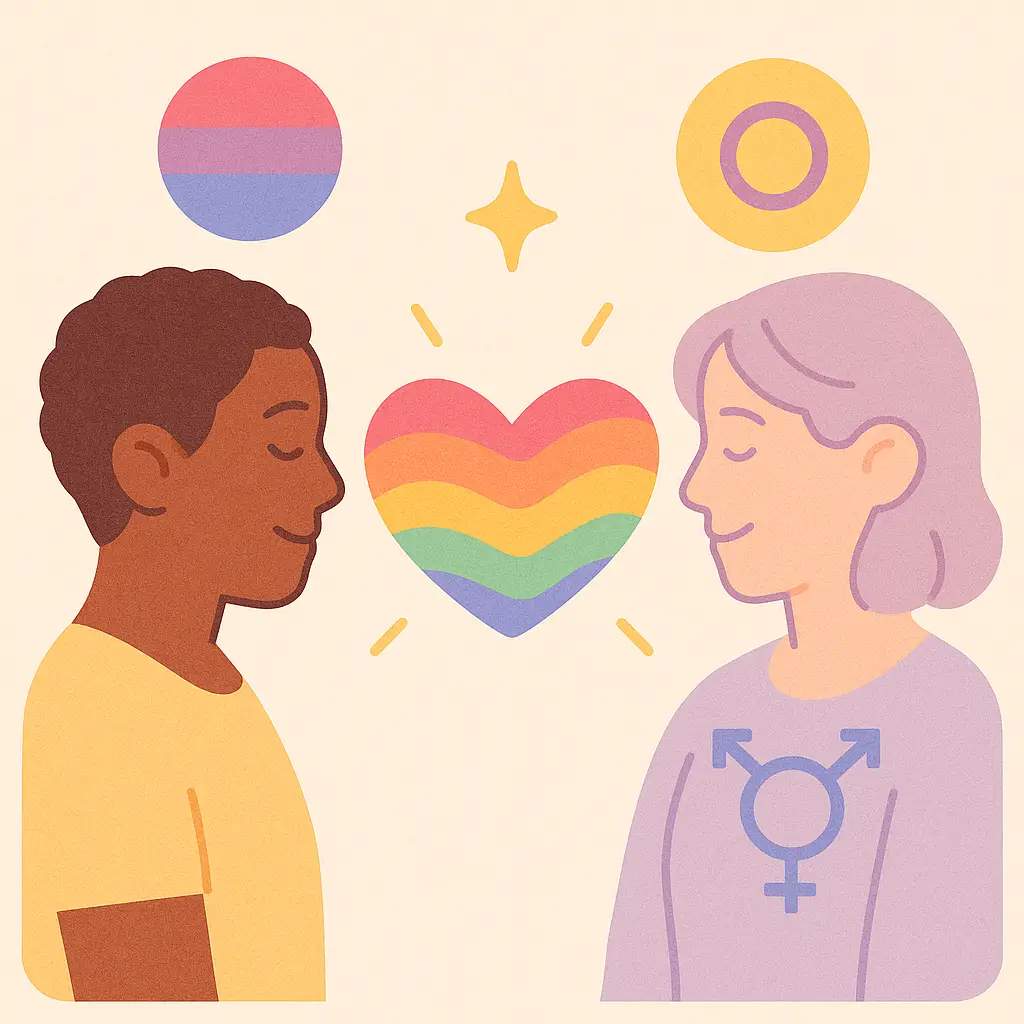 Illustration of two smiling people facing each other with a rainbow heart between them. One person wears a shirt with the transgender symbol, and LGBTQ+ pride symbols for bisexual and intersex identities appear above. The art promotes gender-affirming, inclusive, and LGBTQIA+ therapy.