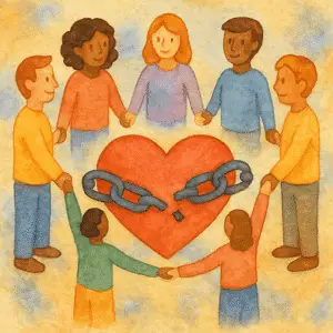 Specializations Illustration of a diverse group of people holding hands in a circle around a large red heart with broken chains across it, symbolizing healing, solidarity, and liberation from internalized oppression. Represents the values of Liberation Psychology: community care, decolonization, and identity-affirming therapy.
