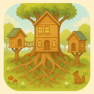 Specializations Illustrated treehouse community with three wooden houses interconnected by visible roots and a small bridge, symbolizing interconnected relationships and chosen family. A squirrel, mushrooms, and flowers add warmth and life to the grassy setting.