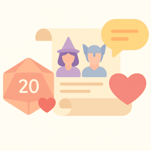 Specializations Flat icon of a scroll displaying two fantasy characters, one in a wizard hat and one in a winged helmet, surrounded by a red 20-sided die (d20), speech bubble, and heart symbols. Represents therapeutic tabletop role-playing games (TTRPGs) and the healing power of imagination, storytelling, and connection.